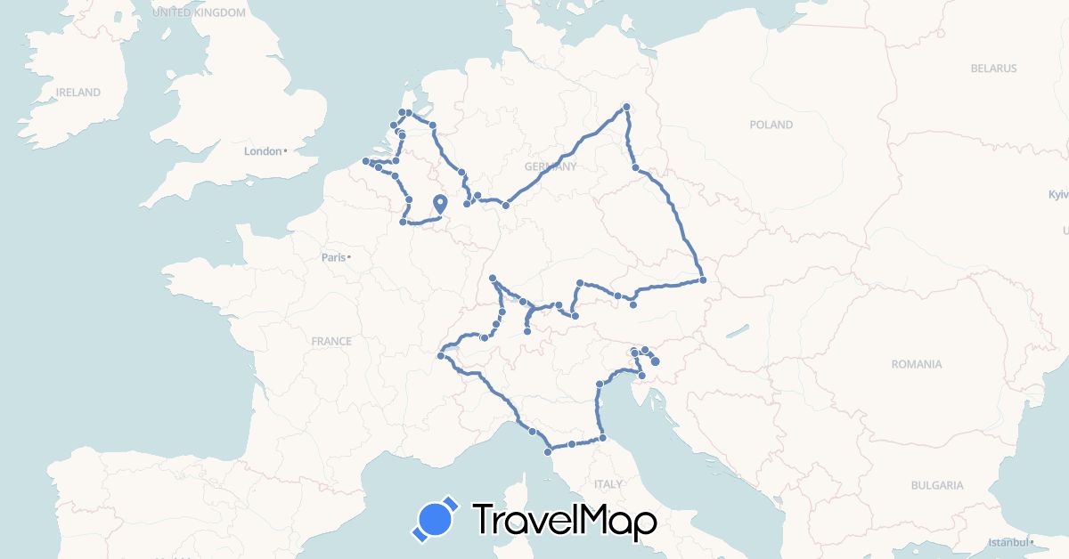 TravelMap itinerary: cycling in Austria, Belgium, Switzerland, Germany, France, Italy, Luxembourg, Netherlands, Slovenia, San Marino (Europe)